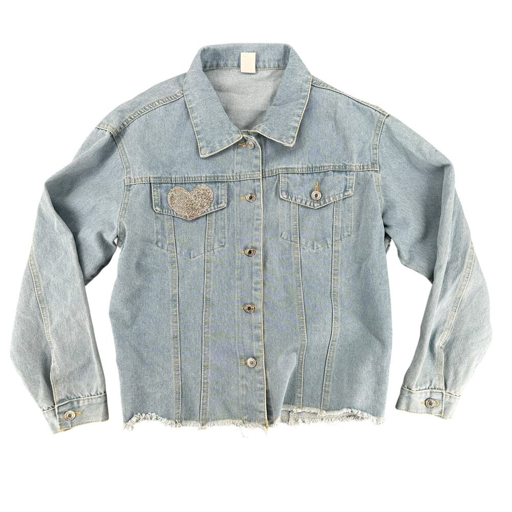 Aimeite Y2K Raw Hem Rhinestone Heart Baseball Medium Denim Jacket Shacket